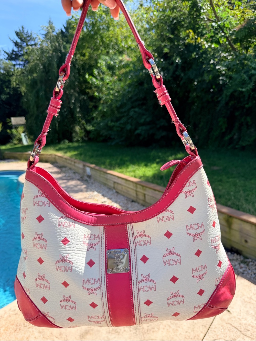 MCM White and Pink Logo Hobo Bag
